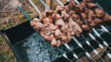 Şişte şiş kebaplar açık havada mangalda pişirilir. Kızarmış sulu domuz eti ızgaradaki metal şişte kızartılıyor, yakın plan. Yaz pikniğinde mangal kömürlü ve dumanlı. 4K