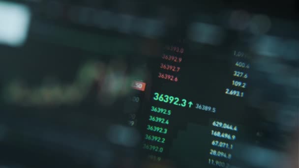 Gráfico Criptomoeda Bitcoin Sob Uma Lupa Bolsa Valores Pela Tela — Vídeo de Stock