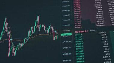 Şifreli döviz şeması. Fiyat evrimi ile Bitcoin ticareti. BTC borsa grafiği. Ekranda şifreli işlem grafiği var. Bitcoin fiyat değişikliğinin finans geçmişi. Grafik taşınıyor.