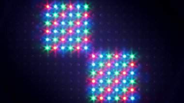 Farklı efektlerle RGB LED panel arka planı. Parlayan ışık yayan diyotların çok renkli ışığı. Bir sürü yarı iletken diyotlu LED panel, yakın plan. LED noktalar kırmızı, yeşil ve mavi