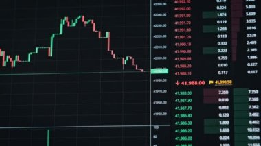 Şifreli döviz şeması. Bitcoin borsa grafiği. BTC fiyat evrimiyle ticaret yapıyor. Ekranda şifreli işlem grafiği var. Bitcoin fiyat değişikliğinin finans geçmişi. Grafik taşınıyor.