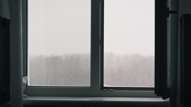 Θέα Χειμώνα Από Ένα Παράθυρο Χειμερινό Τοπίο Μέσα Από Παράθυρο — Αρχείο Βίντεο
