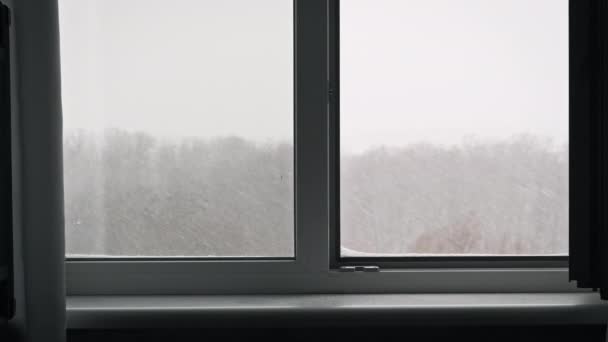 窓からの冬の眺め 家の窓から冬の風景 冬の日に雪が降る美しい冬の背景 外から雪が降る スノーストーム アウトドア — ストック動画