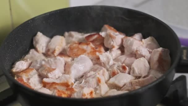 Pieces Chicken Meat Fried Frying Pan Home Kitchen Appetizing Chopped — Stock Video