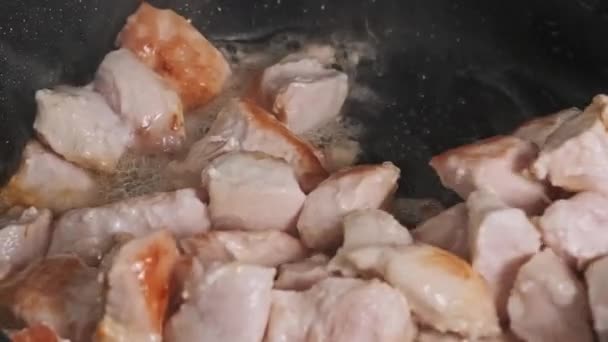 Шматочки Курячого Яса Смажать Сковороді Домашній Кухні Апетитне Подрібнене Ясо — стокове відео