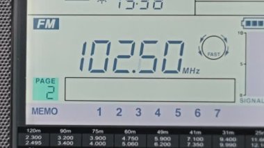 Modern Taşınabilir Radyonun Dijital LCD Ölçeklendirmesinde FM Frekansını Kapat. Çevirme paneli değişik radyo frekanslarıyla büyük rakamları gösteriyor. Taşınabilir radyo otomatik arama menzili. Akort alıcısı