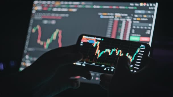 Crypto Affärsman Som Arbetar Med Aktiemarknaden Data Graf Smartphone Man — Stockvideo