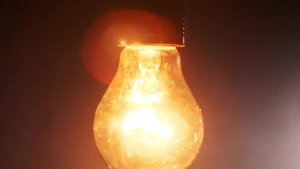 Hanging Wire Incandescent Bulb Turns Flickers Black Background Place Text — Stock Video