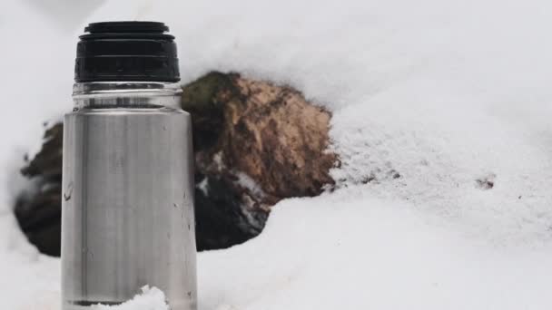 一个热水瓶和一个杯子的热茶站在雪地的森林里 一个游客在寒冷的天气里徒步旅行时的咖啡休息时间 冬季野餐 假日旅行 放松时刻 — 图库视频影像