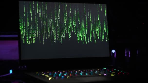 Matrix Code Rain Laptop Screen Dark Modern Room Background Falling — Stock Video