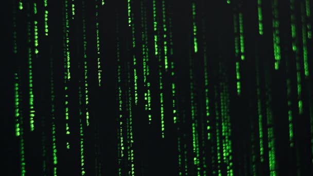 マトリックスの背景 モニター画面の緑色のデジタル雨のクローズアップ マトリックスのコードが落下する光る数字とアルファベット サイバースペース技術の安全性 アルゴリズムバイナリ データコード 復号化 エンコーディング — ストック動画