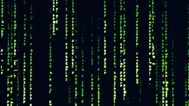 マトリックスコードの背景 緑の文字のデジタル雨 画面上のデジタルバイナリコード処理 科学技術データバイナリコード行のデータレンダリング コンセプトアルゴリズム コーディング ハッキング — ストック動画