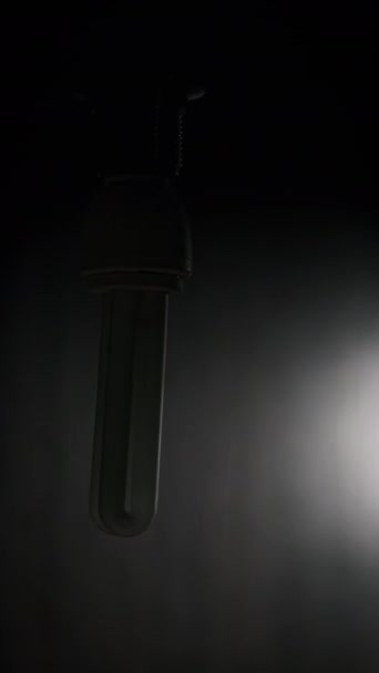 클로즈업 깜박임 부드럽게 전선에 흔들림 나선형 전구가 어두운 배경에서 켜지고 — 비디오