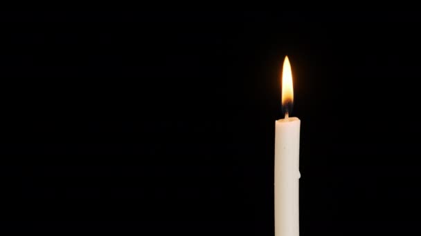 一根蜡烛在黑色的背景上燃着熄灭 复制空间 蜡烛的火焰点燃了特写 炽热的烛焰 孤立无援概念纪念 记忆等 — 图库视频影像