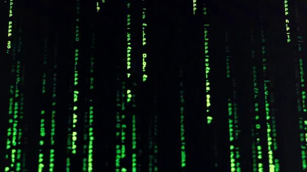 マトリックスコード雨の背景 画面上の緑の数字 バイナリデータ 復号化 エンコーディング サイバーテクノロジーが安全 アルゴリズム コーディング ハッキングの概念 デジタル時代 — ストック動画