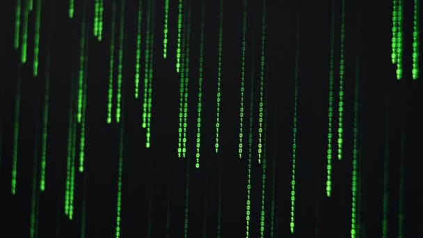 マトリックスコードの背景 緑の文字のデジタル雨 画面上のデジタルバイナリコード処理 科学技術データバイナリコード行のデータレンダリング コンセプトアルゴリズム コーディング ハッキング — ストック動画