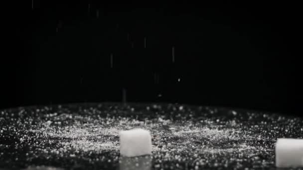Sugar Cubes Fall Rotating Table Slow Motion Close Hard Pieces — Stock Video