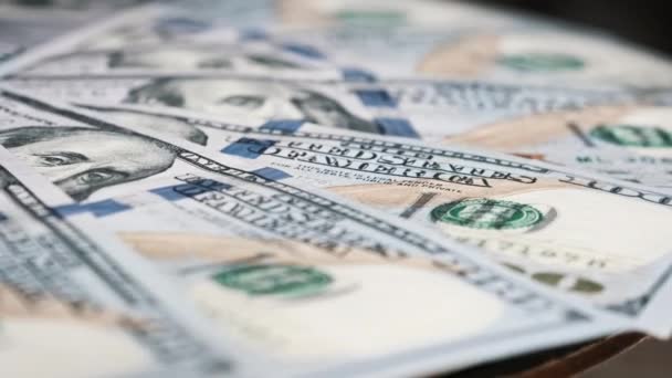 Dollars Rotate Close Pile Hundreds American Dollar Bills Slowly Spinning — Stock Video