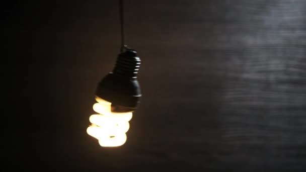 スパイラル蛍光ランプのフリッパー ライトアップ 電線でスワイプ クローズアップ 管の電球は暗い背景でオン オフにしました アイデア スペースをコピーする 電気省エネの電球 4Kについて — ストック動画