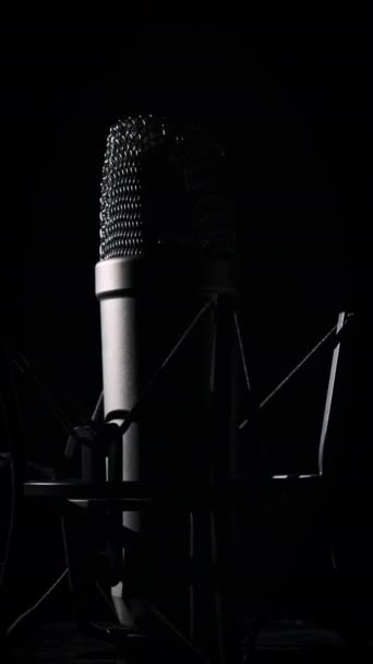Vertikal Studio Mikrofon Roterar Svart Bakgrund Bakgrundsbelysning Närbild Kondensatormikrofon Med — Stockvideo