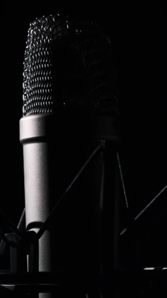Студийный Конденсаторный Микрофон Подсветкой Вращается Черном Фоне Крупный План Хромированной — стоковое видео