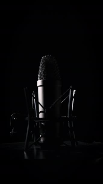 Vertikal Mikrofon Studio Berputar Pada Latar Belakang Hitam Backlight Close — Stok Video