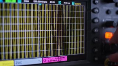 Osiloskop ekranında dinamik bir radyo dalgası sinyali. Dalga formu elektromanyetik dalgaların karmaşıklığını gösteriyor..