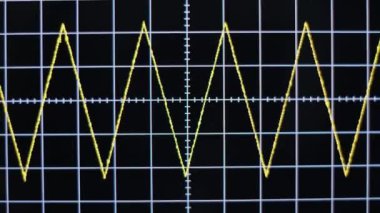 Bir osiloskop sarı üçgen dalga sinyaline yakınlaşıyor. Şebeke ve veriler elektrik sinyali davranışına ayrıntılı bir bakış sağlıyor..