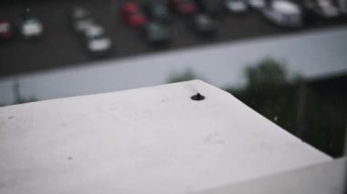 Beyaz bir balkon korkuluğuna düşen yağmur damlalarının yakın çekim görüntüleri büyüleyici bir su dokusu yaratıyor. Arka plandaki bulanık şehir manzarası kentsel bir hava katıyor..