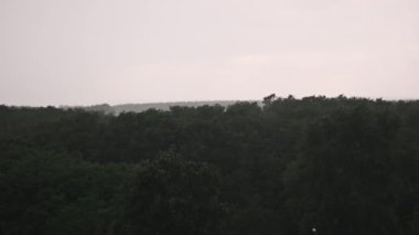 Pencerenin dışına yağan yağmurun rahatlatıcı görüntüleri, ötesindeki yeşil manzarayı bulanıklaştırıyor. Hafif yağış huzurlu ve rahatlatıcı bir atmosfer yaratır..