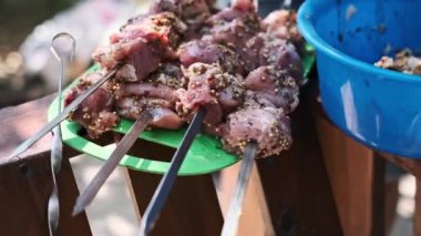 Çiğ terbiye edilmiş şiş şiş şiş şiş şiş, ızgaraya hazır. Baharat ve otlarla tatlandırılmış leziz et lezzetli bir barbekü deneyimi vadediyor..