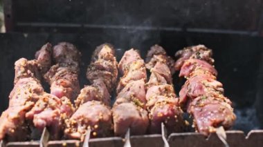 Bu makro çekim çiğ şiş detaylarını gözler önüne seriyor, baharat, bitki ve soğan karışımı ile tatlandırılmış lezzetli eti vurguluyor..