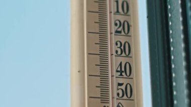 Bir pencereye monte edilmiş açık hava termometresi 40 dereceyi aşan bir sıcaklık gösteriyor. Bu da aşırı sıcaklığı ve kavurucu bir yaz gününü gösteriyor..