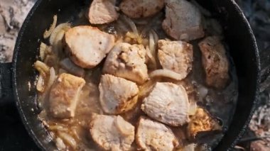 Soğanlı tavuk cızırdıyor ve kamp ateşinin üstünde pişiyor. Havayı dolduran baharat kokusu. Bu kırsal açık hava yemek sahnesi basit zevkleri ve kamp ateşi yemeklerini temsil ediyor..