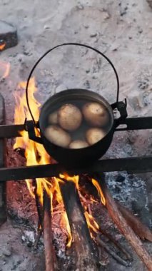 Kumsalda kamp ateşinin üzerinde patates kaynayan bir tencerenin dikey videosu. Doğal ateş ile kırsal açık hava yemekleri. Kamp, hayatta kalma, basit hayat kavramları..