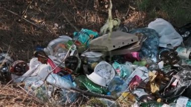 Ormandaki çöp yığını: plastik ve cam şişeler, torbalar, yiyecek kapları. Çevre kirliliği kavramı.