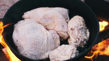Kamp ateşinde tavada kızartılmış tavuk fileto. Doğada yemek pişirmek.