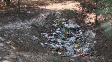 Plastik ve cam şişeler, kağıt, torbalar ve diğer çöpler orman zeminine saçılmış durumda, bu da çevre kirliliği ve sorumsuz atık imhası sorununu vurguluyor..