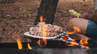 Bir adam barbekü için elma dilimleri hazırlıyor, onları metal bir şişe koyuyor. Açık havada piknik yapmak için lezzetli ve sağlıklı bir alternatif..