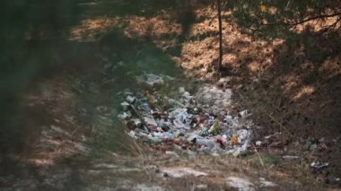 Ormanda plastik ve cam şişelerin etrafa saçıldığı rahatsız edici bir çöplük sahnesi, ekosistem üzerindeki olumsuz etkisini vurguluyor..