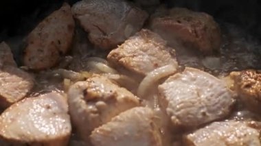 Tavuk parçaları ve soğanlar, yanan bir kamp ateşinin üzerinde tavada kızartılıyor. Altın rengi kahverengi et ve kaynayan yağ kırsal kesimlerin cezbedici bir görüntüsünü yaratır..