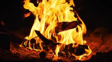 Büyüleyici bir kamp ateşi karanlıkta parlak bir şekilde yanar turuncu alevler geceyi aydınlatır ve dans eden gölgeler oluşturur. Yanan odunların sıcak parıltısı, huzur, sükunet, açık hava maceraları, kamp.