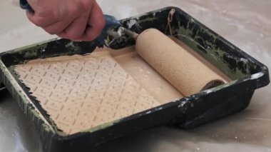 Duvar boyası için hazırlanan bej rengi boyaları toplayıp bir tepsiye sarılan bir boya silindirinin yakın çekimi. Bu görsel ortak bir DIY ve ev geliştirme görevini gösterir.