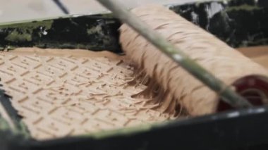 Bir boya silindirinin kapanıp bej boya tepsisine sarıldığını. Resim hazırlığı, ev onarımı konsepti.