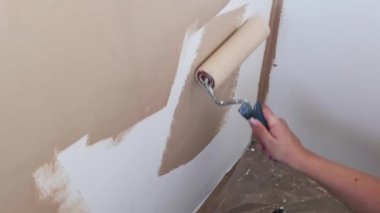 Beyaz bir duvarı bej renge boyamak için boya silindiri kullanan kadın eli. Ev onarımı ve yenileme konsepti.