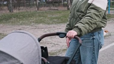 Bebek arabasının sapını tutan, arka planda bir köpek olan bir annenin elleri, çocuk bakımını ve aile aktivitelerini ön plana çıkarıyor..