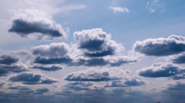 Zaman çizelgesi, tüylü, beyaz ve gri kümülüs bulutlarının mavi gökyüzünde koştuğunu ve aşağıdaki karanlık ufukta gölgeler oluşturduğunu gösteriyor..