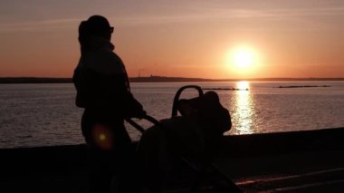 Altın gün batımında deniz kenarında bebek arabasıyla yürüyen genç anne silueti. Güneş sakin su yüzeyine yansıyor, uzak kıyılar göl ya da deniz boyunca görülebilir. Huzurlu sahne