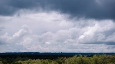Zaman çizelgesi, koyu gri kütleli bulutların karanlık bir orman ufkunda hızla ilerleyen beyaz kabarık oluşumlara yol açtığı dinamik katmanlar gösteriyor. Kuşlar bazen uçar, değişen hava sinyalleri verir..