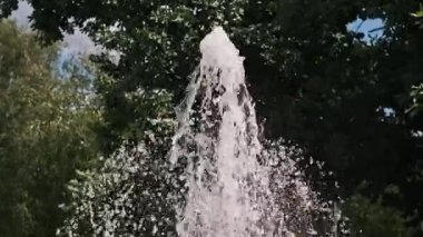 Parktaki çeşmeden fışkıran güçlü bir su jetinin yavaş çekim görüntüsü. Berrak sıvı, yemyeşil ağaçların ve gökyüzünün zemininde güzel sıçramalar ve damlacıklar oluşturur..